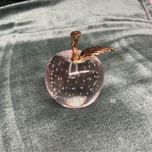 Vintage Glass Apple Bubble Paperweight with Brass Leaf Stem